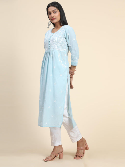 Chikankari Hand embroidery Round neck Dress with Pocket- Sky Blue